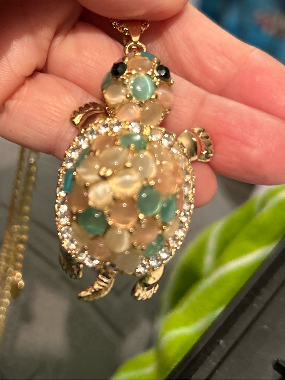Private Label Gold Turtle Pendant Necklace with Teal and Cream Accents Dr 50